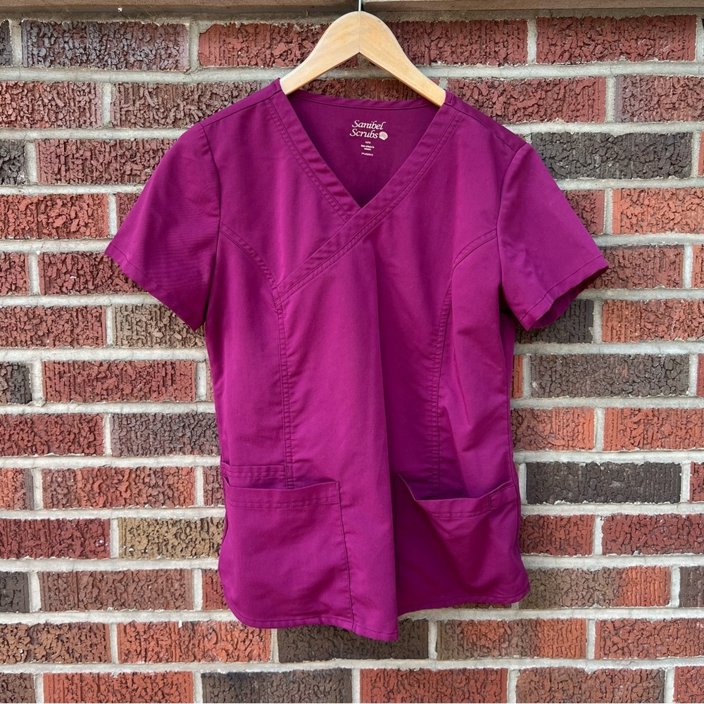 Sanibel Scrubs Magenta Pink V Neck Pocket Front Scrubs Top